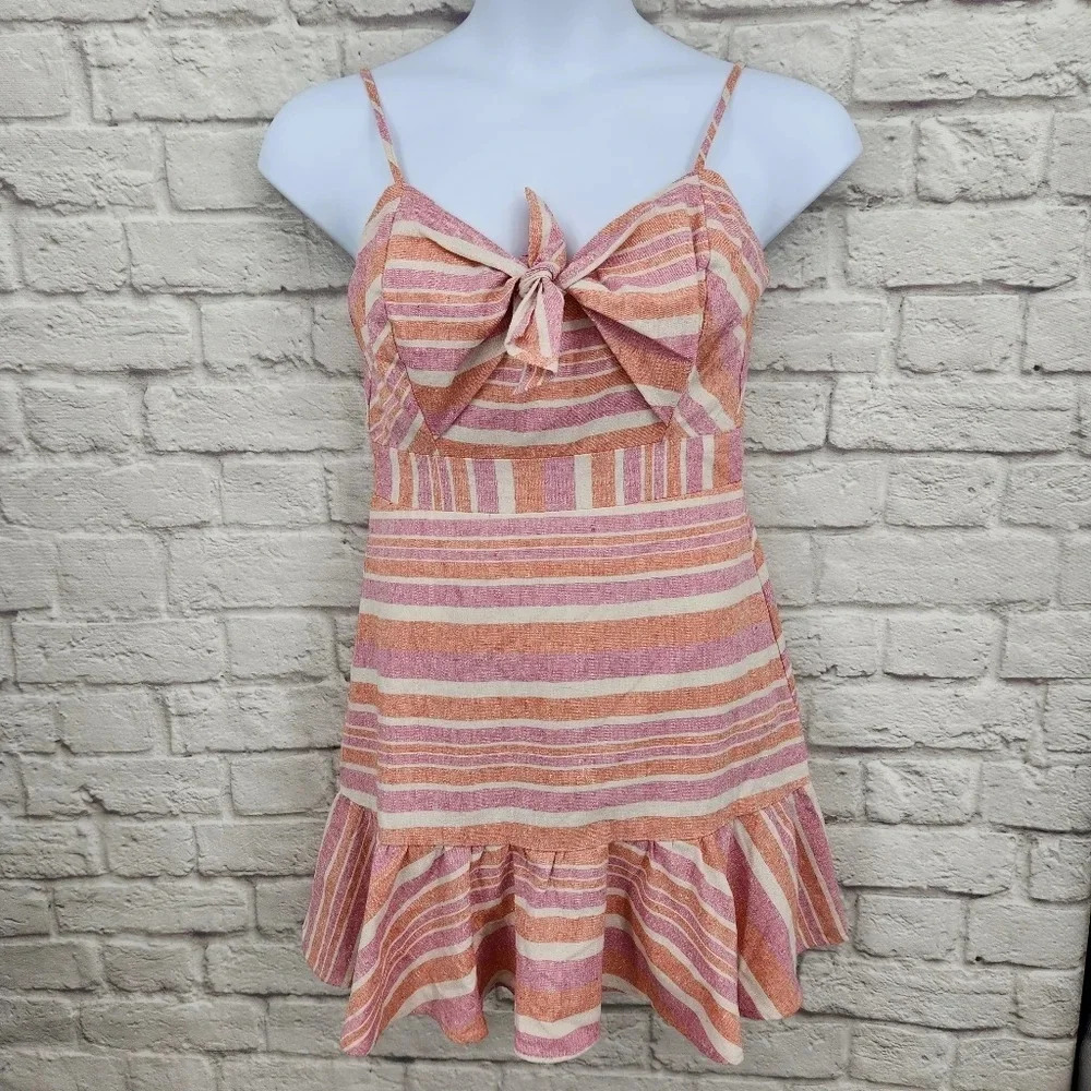 HYFVE Pink Stripe sweetheart neck spaghetti strap linen blend dress Size large - Picture 1 of 15